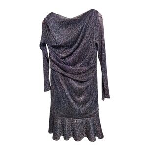 Talbot Runhof Metallic Ruched Draped Dress‎ Long Sleeve Blue Women's 14 $1650